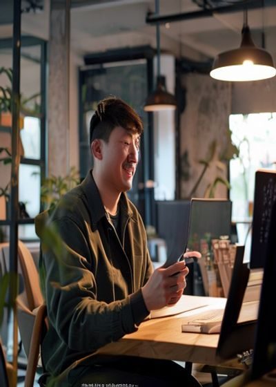 91short平台内容创作者在明亮工作室内使用手机拍摄短视频，画面温馨专业，展示91short创作生态的活力
